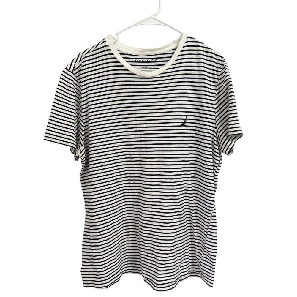 Nautica Navy White Striped Cotton Short Sleeve Tee Shirt – Men’s Large